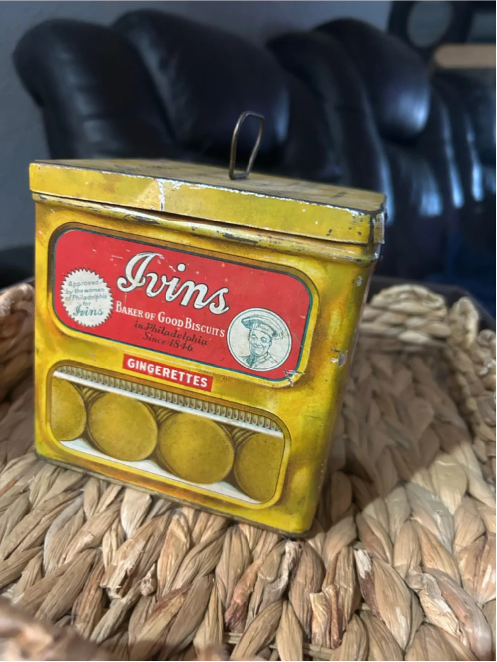Vintage Ivins Gingerettes Biscuit Tin Food Storage Container Yellow Red